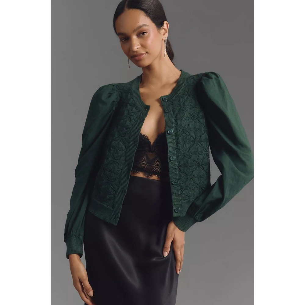 Anthropologie Mixed Media Cardigan Sweater Medium Green Knit Puffed Sleeves